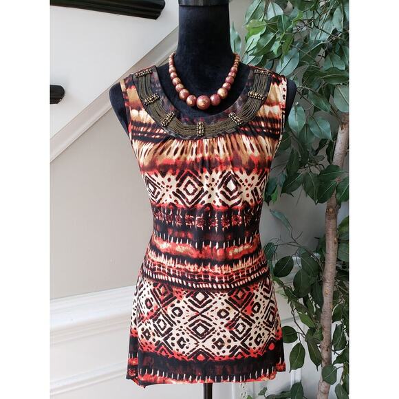 New Directions Top Blouse Women's PS Multi Geo Print Pearl & Jeweled Round Neck - Picture 2 of 11